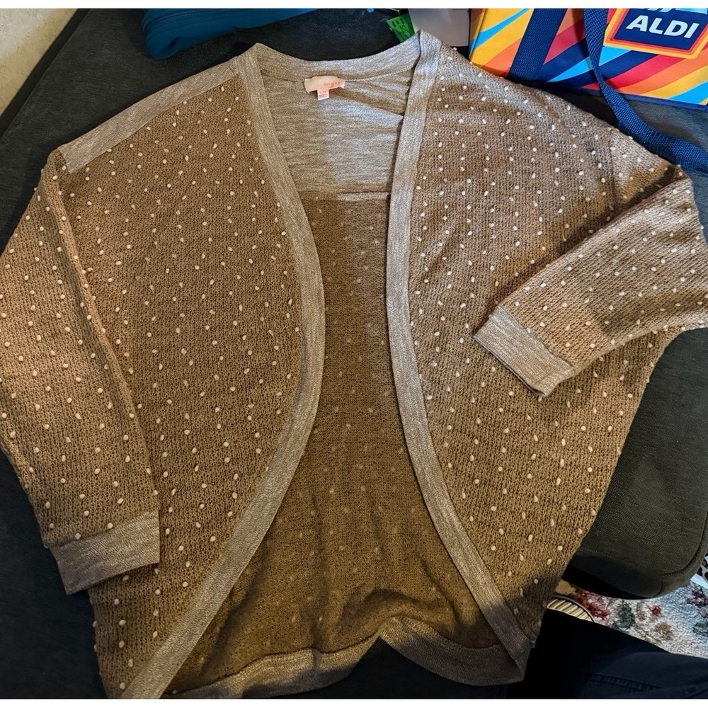 Umgee Jr Tan Beige Textured Dot Open Front‎ Cardigan Sweater Womens Size S/M